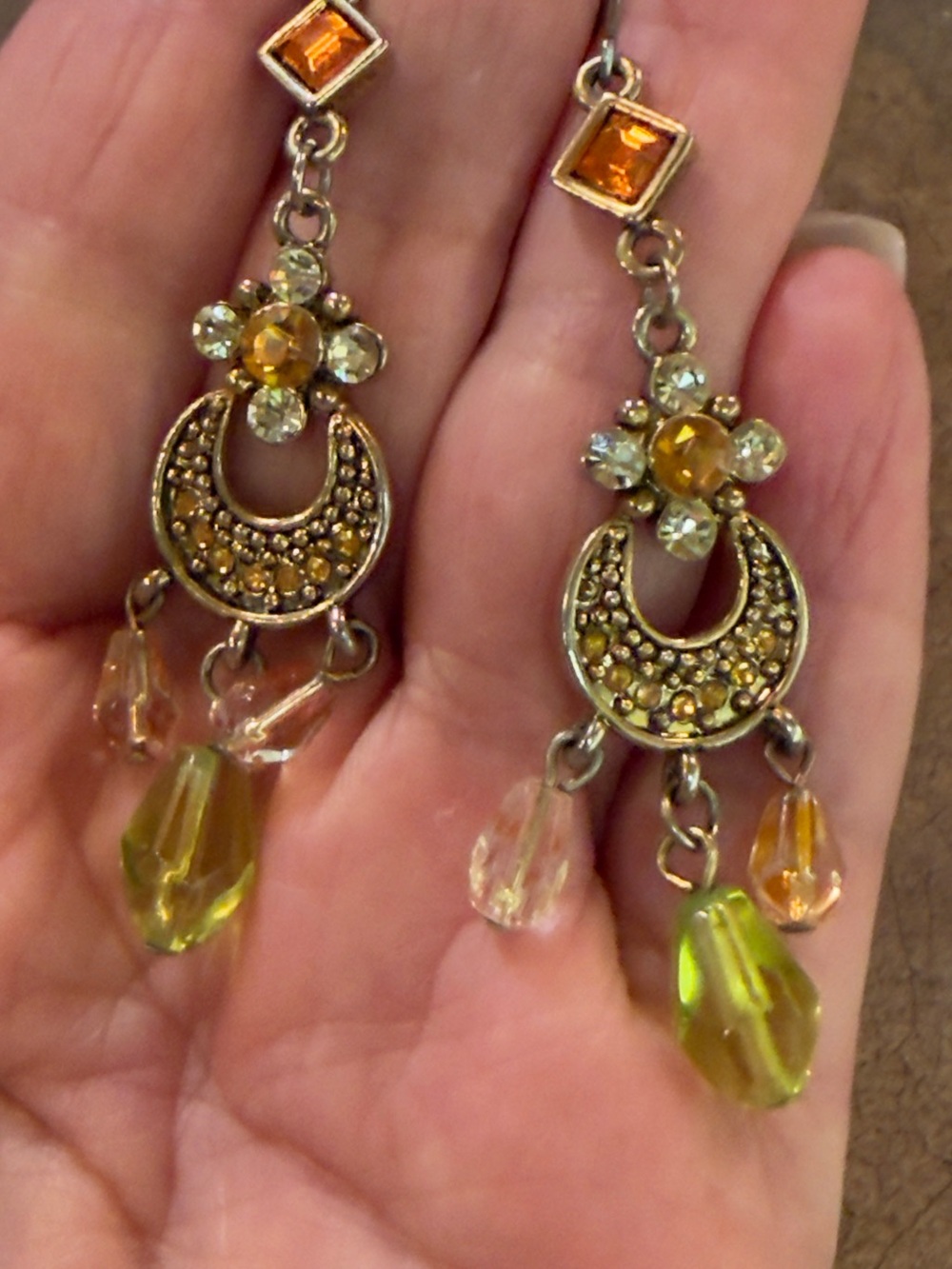 Vintage-Inspired Gold Floral Dangle Earrings with Amber and Olive Beads